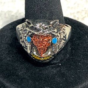 🐺⭐️Native American face in bear or wolf skin silver plated Mens ring